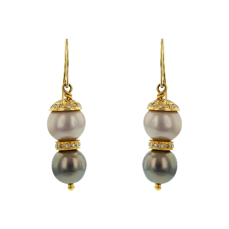 Classy Stud Earrings For Office Wear-18K Gold Multicolor Pearl and Diamond Drop Earrings