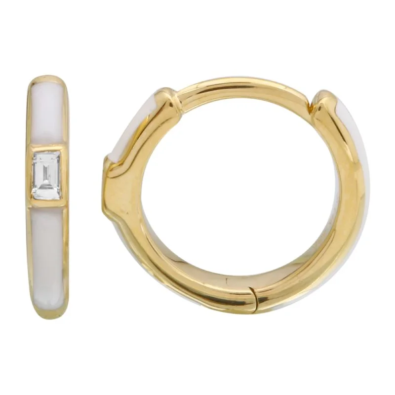 Large Statement Earrings For Fashionistas-14k Yellow Gold White Enamel & Diamond Huggie Earrings