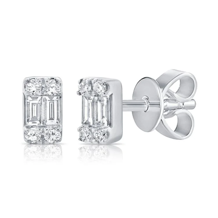 Classic Silver Earrings For Timeless Elegance-14K White Gold Diamond + Baguette Stud Earrings