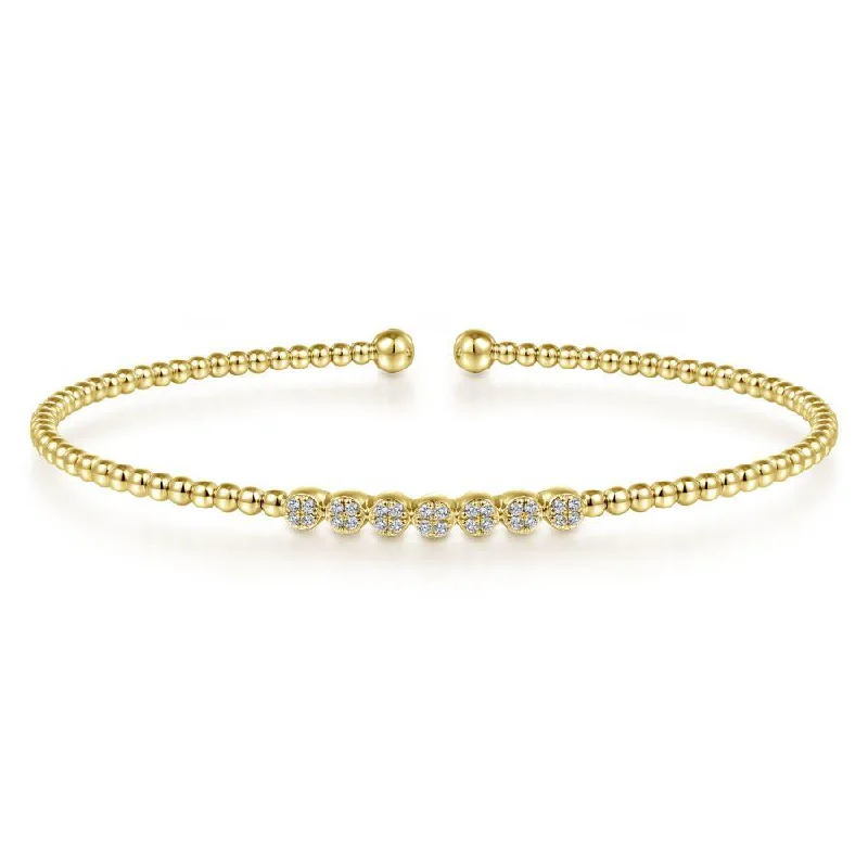 Bracelets For Party Accessories-Gabriel & Co. - BG4116-62Y45JJ - 14K Yellow Gold Bujukan Bead Cuff Bracelet with Cluster Diamond Stations