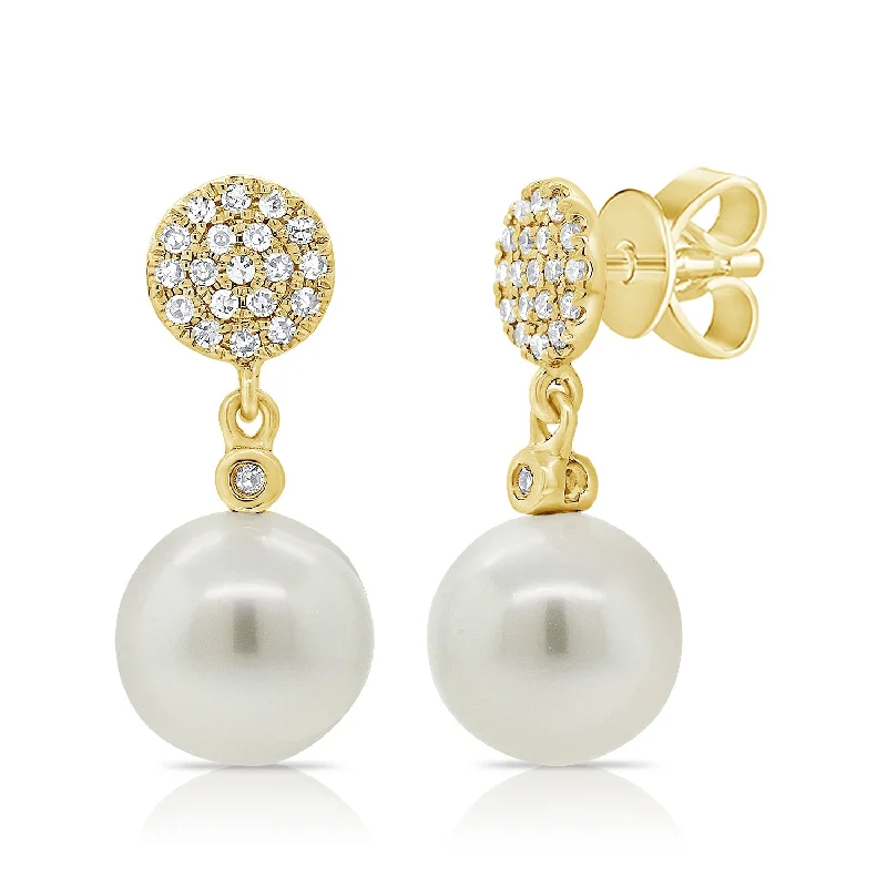 Silver Drop Earrings For Evening Style-14K Yellow Gold Diamond Disc + Pearl Earrings