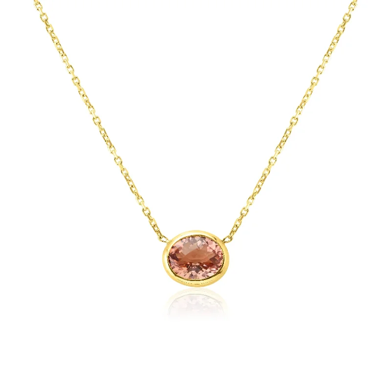 Custom Birthstone Necklaces For Thoughtful Gifts-14k Yellow Gold Oval Checkerboard Cut Pink Tourmaline Necklace