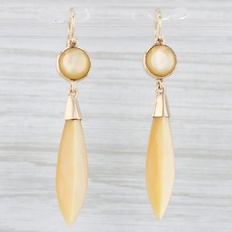 Trendy Drop Earrings For Formal Occasions-Vintage Mother of Pearl Shell Dangle Earrings 14k Yellow Gold Hook Posts