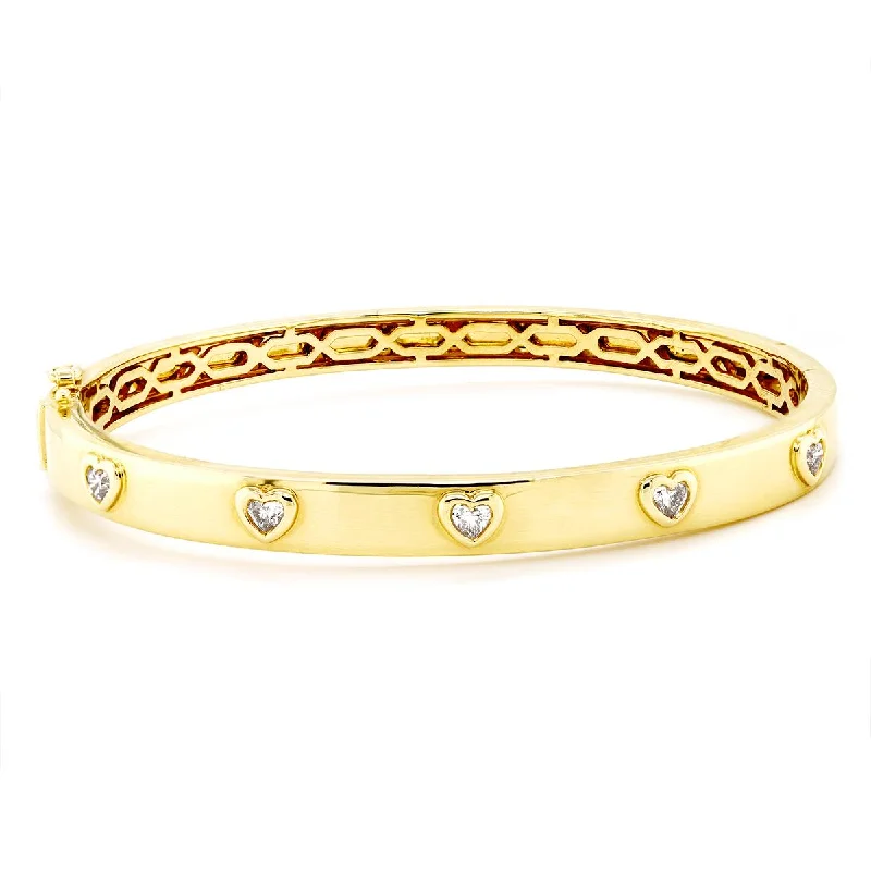 Bangles In Silver-YELLOW GOLD BANGLE BRACELET WITH HEART SHAPED DIAMONDS, .53 CT TW