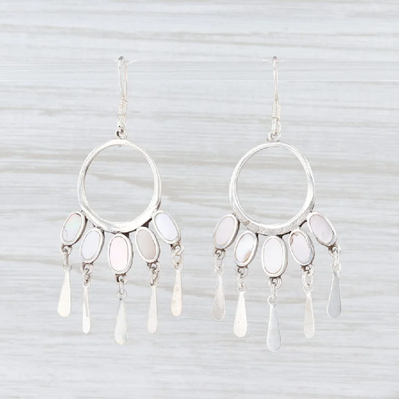 Stylish Crystal Earrings For Bridesmaids-New Mother of Pearl Fringe Circle Earrings Sterling Silver Hook Posts Dangle