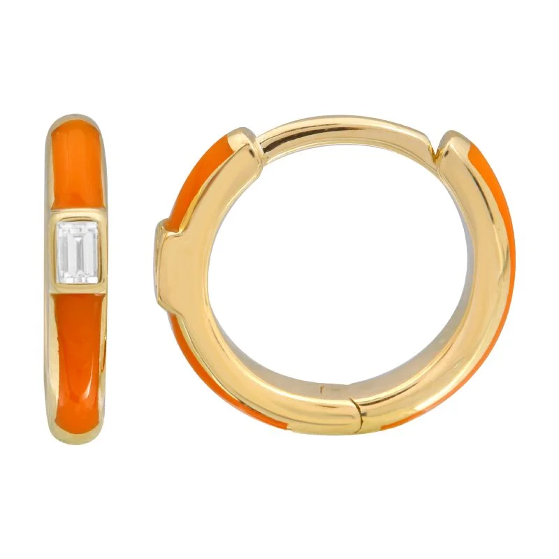 Stunning Gemstone Earrings For Elegant Parties-14K Yellow Gold Orange Enamel & Diamond Huggie Earrings