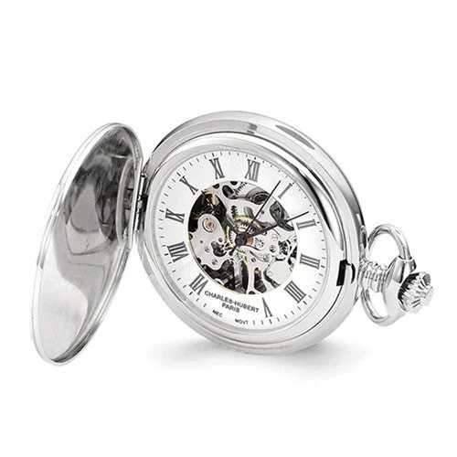 Watches With Embellishments-Charles Hubert Chrome-Finish Shield Design Pocket Watch - Engravable