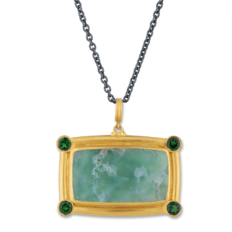 Bold Crystal Pendant Necklaces For Weddings-Lika Behar "My World" Necklace with Rectangle Aquaprase & Tsavorites 24K