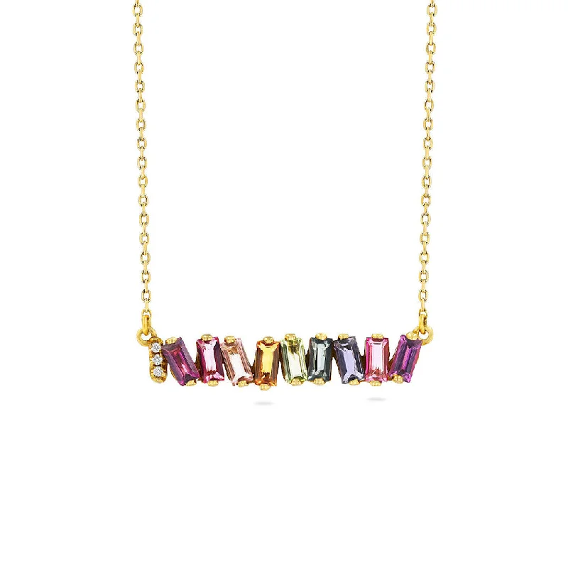 Trendy Multi-Layered Necklaces For Bold Style-Suzanne Kalan 14k Yellow Gold "Hallie" Fireworks Setting Baguette Bar Necklace