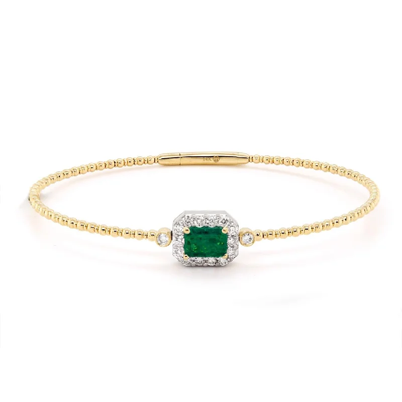 Bangles In Gold-YELLOW GOLD BANGLE BRACELET WITH AN EMERALD AND DIAMOND HALO, .36 CT TW