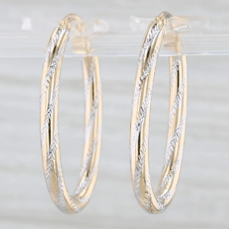 Unique Handmade Earrings For Brides-New Two Toned Etched Oval 10k Yellow and White Gold Hoop Earrings