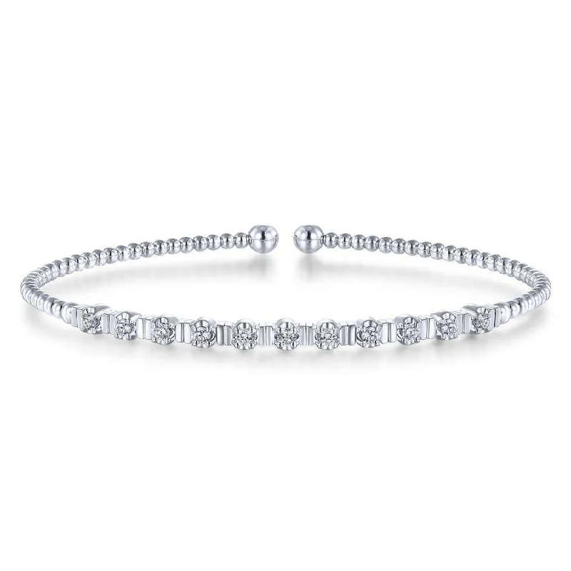 Bracelets For Urban Fashion-Gabriel & Co. - BG4228-62W45JJ - 14K White Gold Bujukan Bead Cuff Bracelet with Diamond Stations