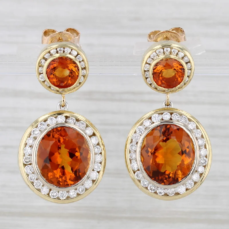 Minimalist Silver Earrings For Work Style-13.70ctw Orange Citrine Diamond Halo Dangle Earrings 18k Yellow Gold Drops