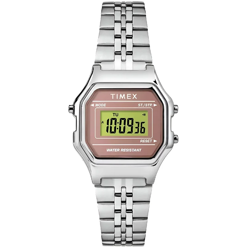 Watches For A Pop Of Color-Timex Women's Watch - Pink and Grey Dial Silver Steel Bracelet Digital | TW2T48500