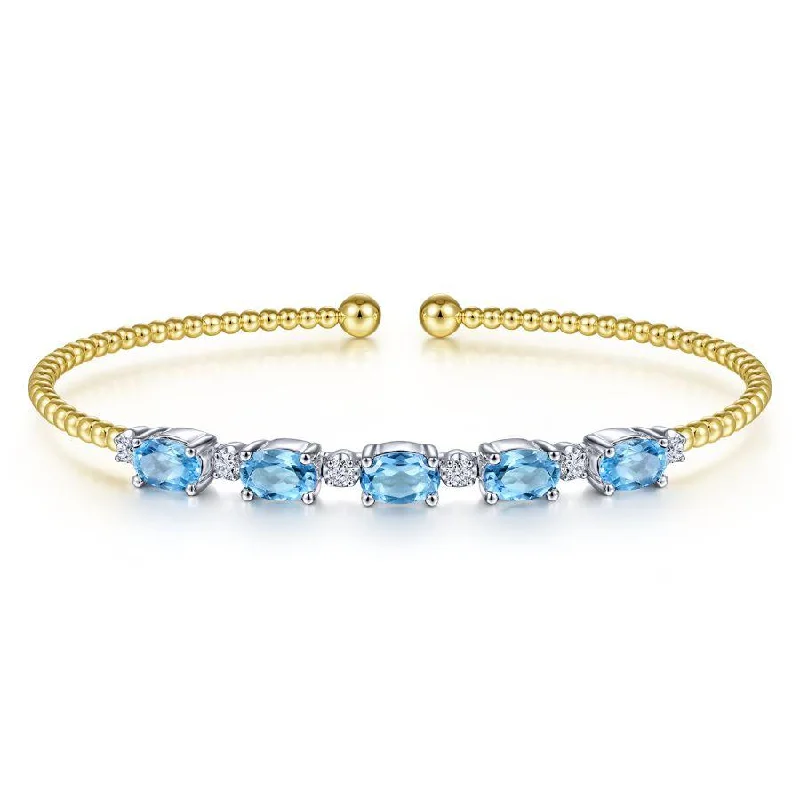 Bracelets For Chic Vibes-Gabriel & Co. - BG4448-62M45BT - 14K White-Yellow Gold Bujukan Bead Cuff Bracelet with Blue Topaz and Diamond Stations