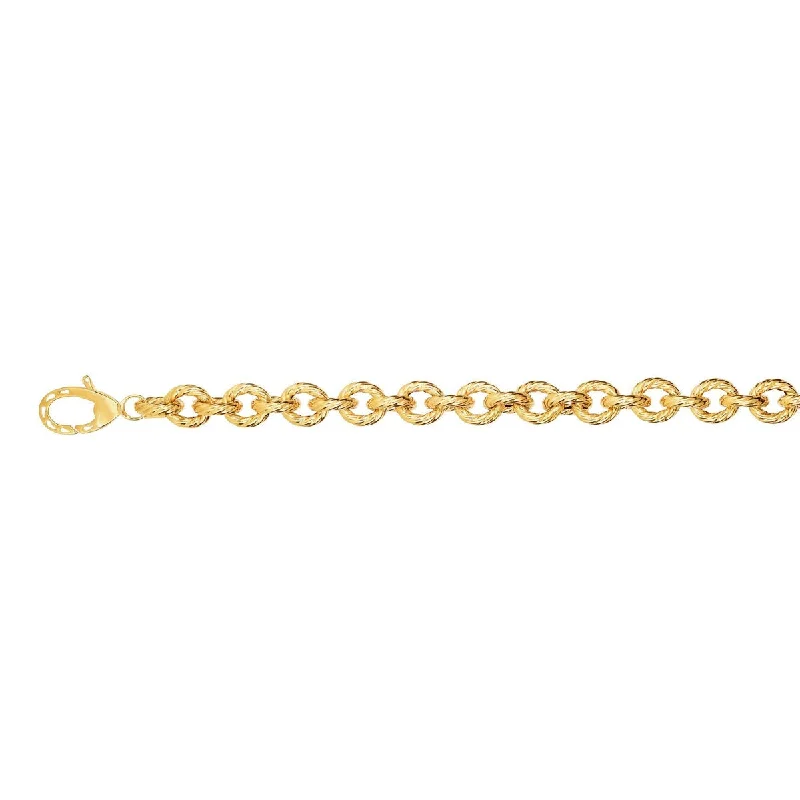 Bracelets With Artistic Features-14kt 8" Yellow Gold Shiny+Rope Textured Oval Link Fancy Bracelet with Lobster Clasp BRC1641-08