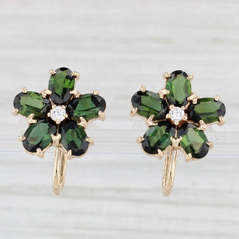 Silver Drop Earrings For Evening Style-4.80ctw Green Tourmaline Diamond Flower Earrings 14k Gold Non Pierced Screw Back