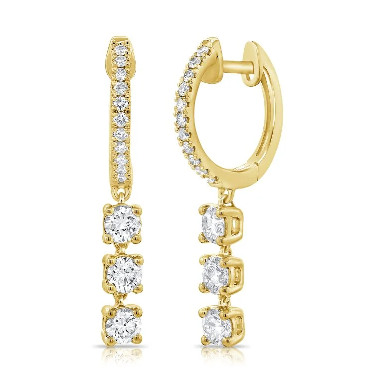 Trendy Resin Hoop Earrings For Bold Fashion-14K Yellow Gold Diamond Triple Dangle Huggie Earrings