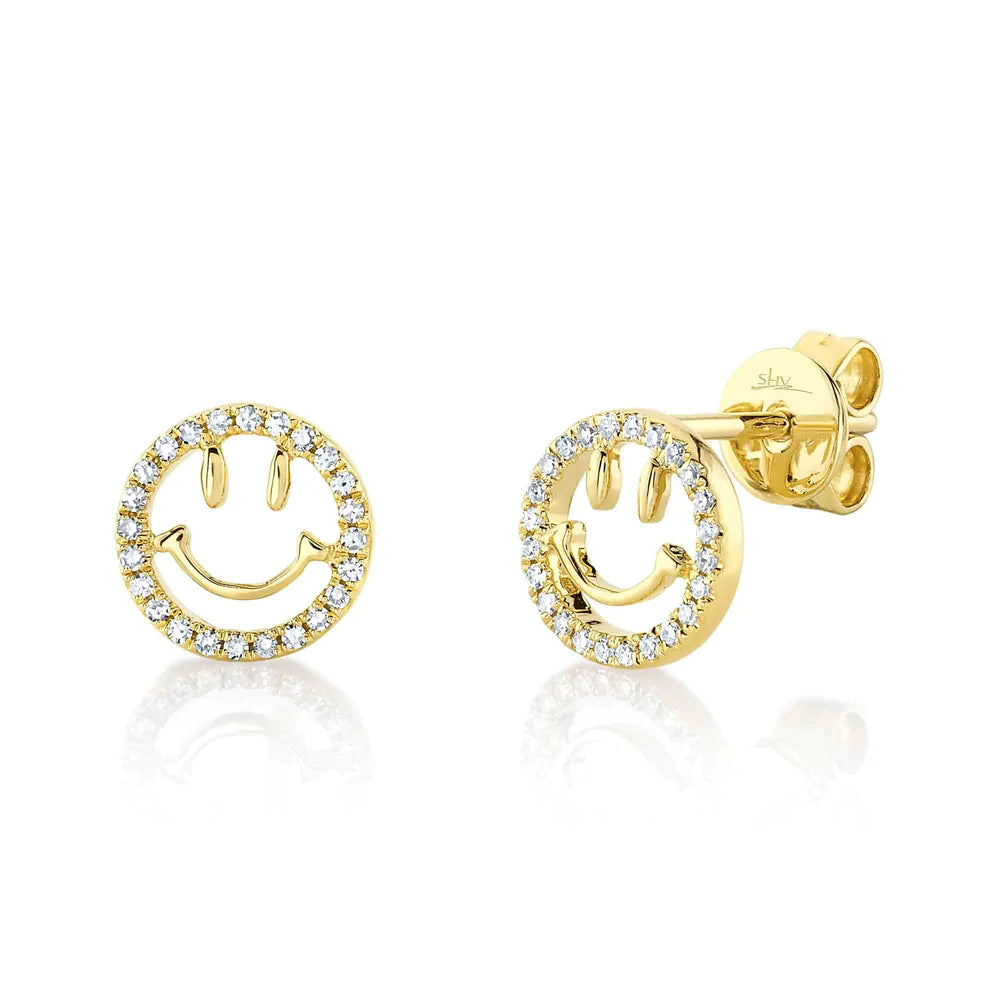 Crystal Drop Earrings For Formal Parties-14K Yellow Gold Diamond Smiley Face Stud Earrings