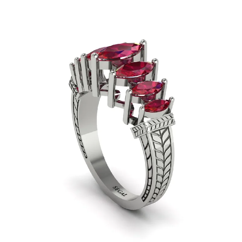 Vintage Cocktail Rings For Statement Fashion-Marquise-Cut Ruby Cascade Engagement Ring - Regina No. 12