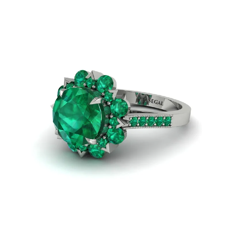 Gold Band Rings For Weddings-Emerald Halo Sunburst Engagement Ring - Winter No. 21