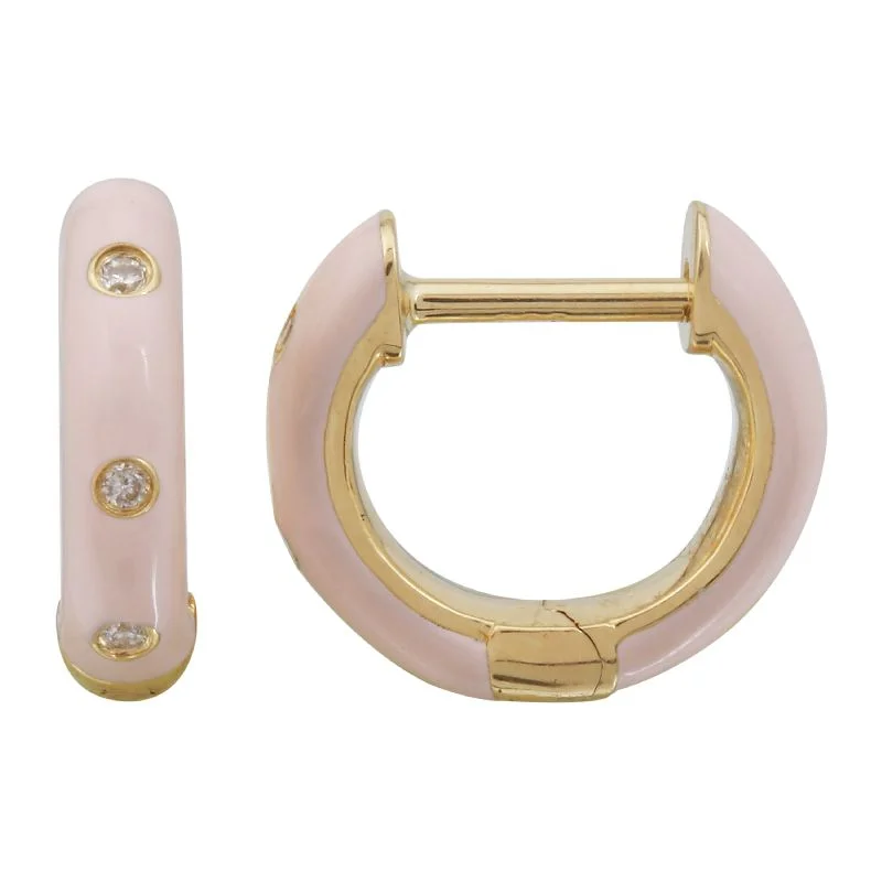 Stylish Hoop Earrings For Casual Looks-14K Yellow Gold Blush Enamel & Diamond Huggie Earrings