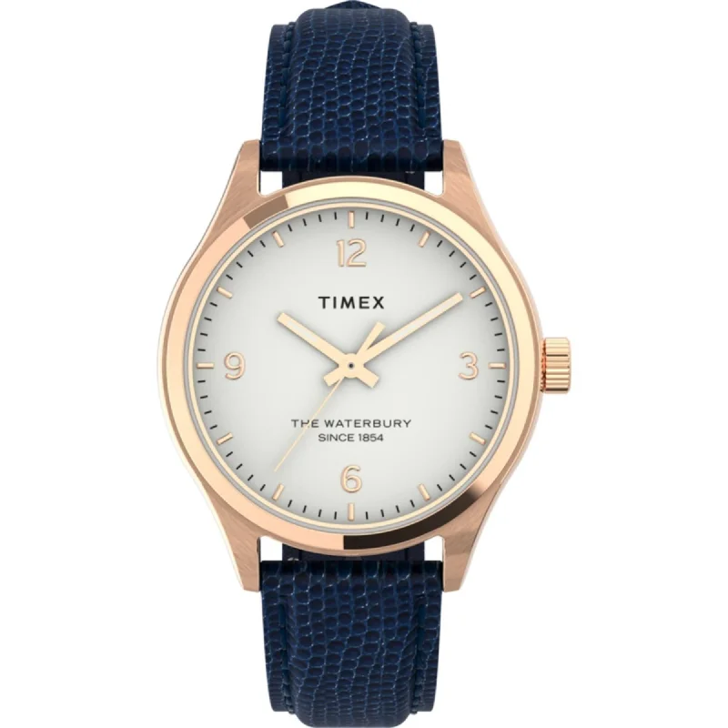 Watches For Christmas Stockings-Timex Women's Watch - Waterbury White Dial Navy Blue Leather Strap | TW2U97600VQ