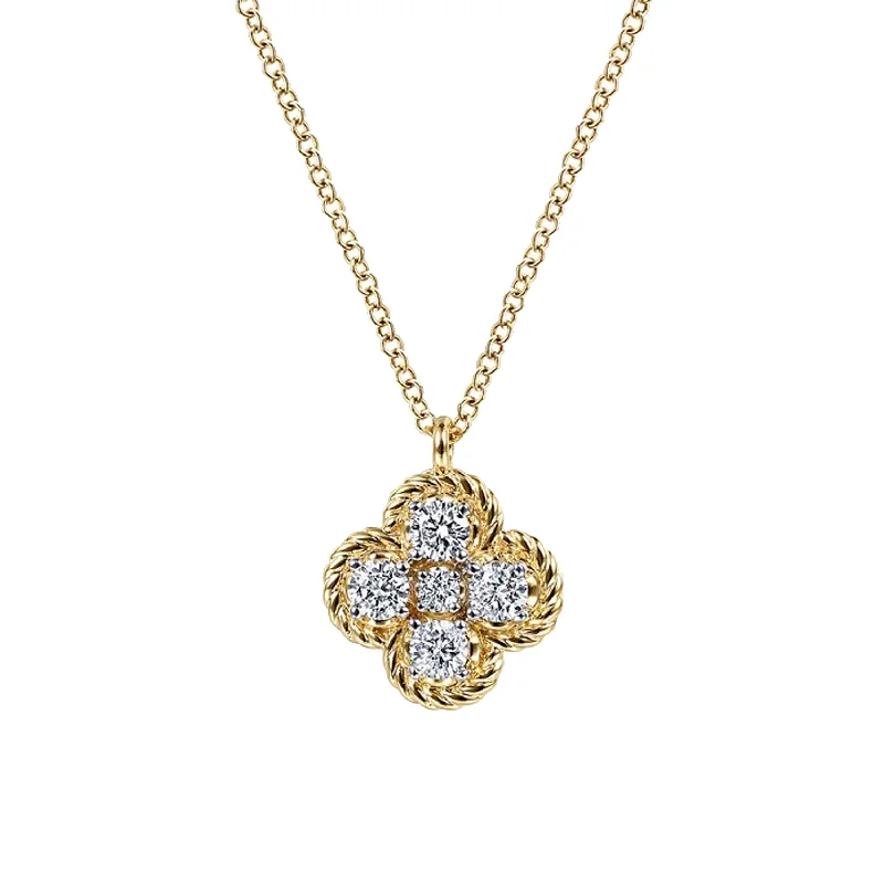 Gold Pendant Necklaces For Fashionable Women-Gabriel 14K Yellow Gold Rope Clover Diamond Pendant Necklace