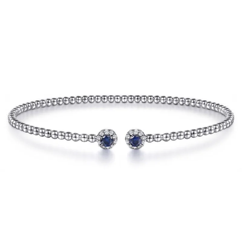 Bracelets For High Fashion-Gabriel & Co. - BG4122-62W45SA - 14K White Gold Bujukan Bead Split Cuff Bracelet with Sapphire and Diamond