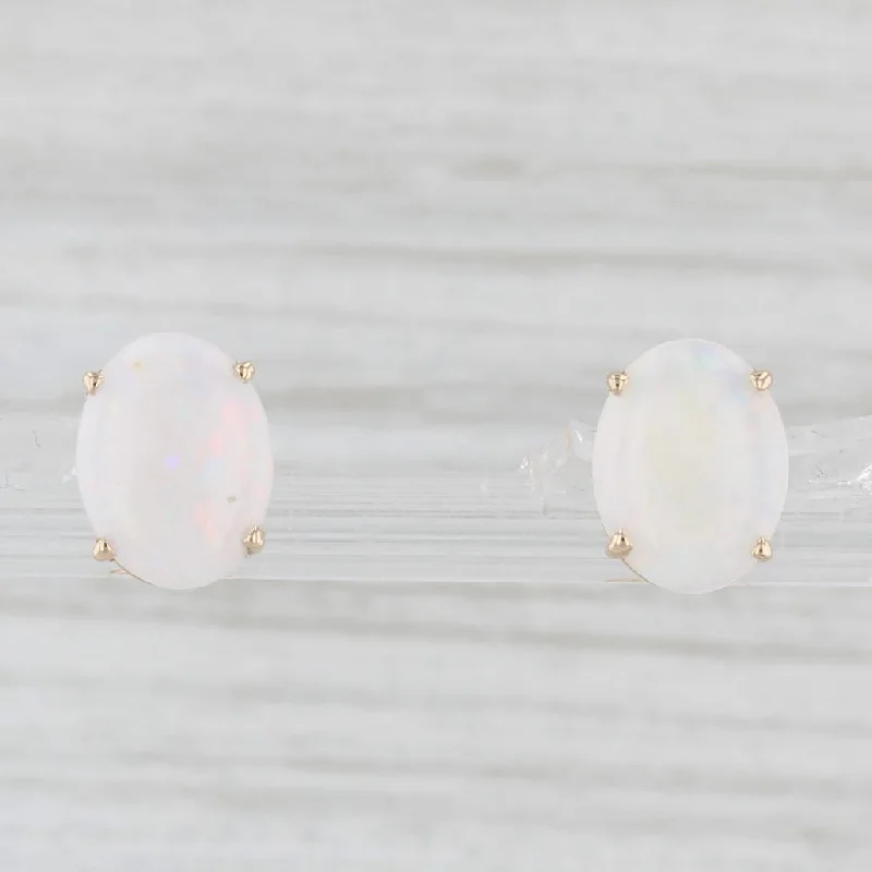 Handmade Gold Earrings For Special Occasions-Oval Cabochon Opal Stud Earrings 14k Yellow Gold Solitaire Studs