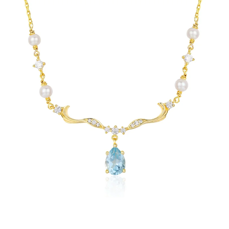 Bold Crystal Pendant Necklaces For Weddings-Seabreeze Serenity Blue Topaz Necklace (Yellow Gold)