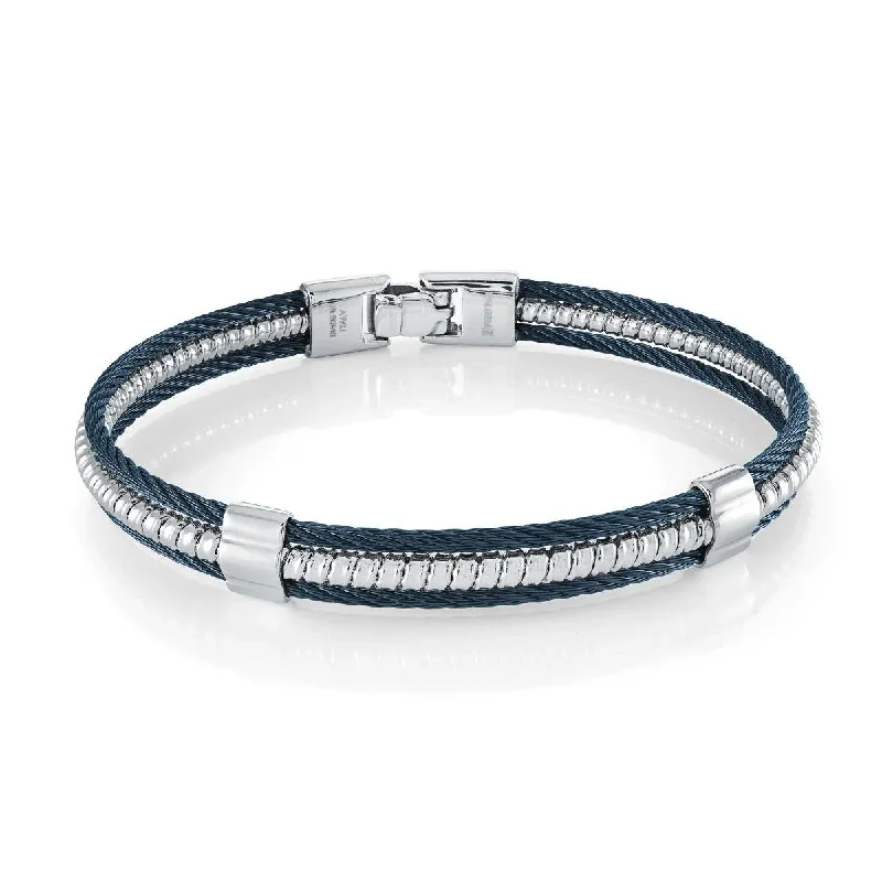 Bangles For Women With Small Wrists-MEN'S BLUE STEEL THREE ROW CABLE BANGLE BRACELET