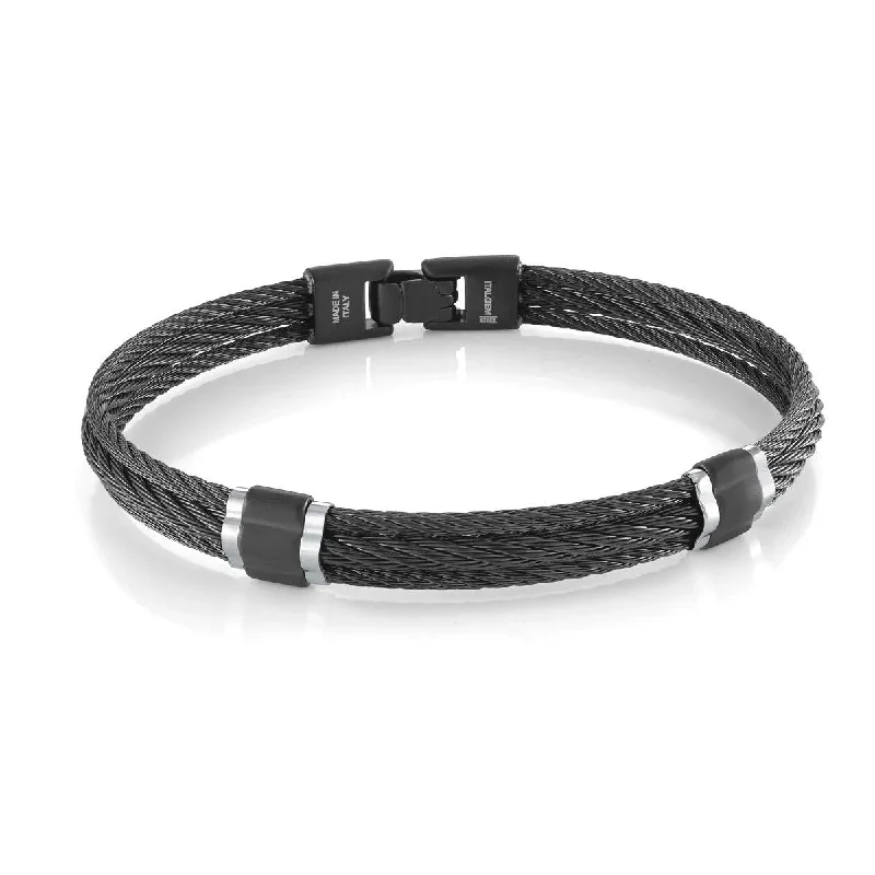 Bangles For Fashion Enthusiasts-MEN'S BLACK STEEL THREE ROW CABLE BANGLE BRACELET