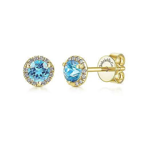 Modern Minimalist Earrings For Every Day-14K Yellow Gold Diamond + Blue Topaz Stud Earrings