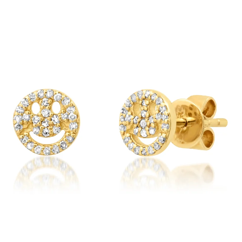 Personalized Engraved Earrings For Gifts-HAPPY FACE DIAMOND STUDS, 14kt GOLD