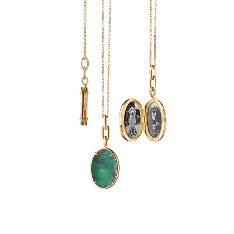 Boho Style Necklaces For Free Spirits-Monica Rich Kosann "Elle" Aventurine Stone Slim Locket Necklace in 18K Yellow Gold