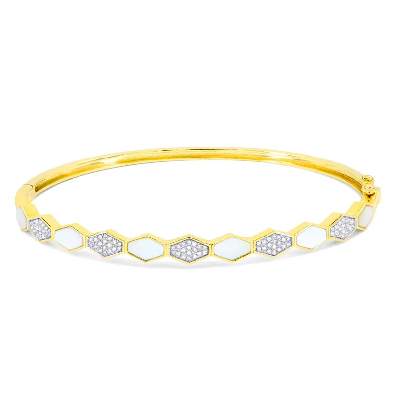 Bangles With Wood Elements-YELLOW GOLD DIAMOND AND MOTHER-OF-PEARL BANGLE BRACELET, .26 CT TW