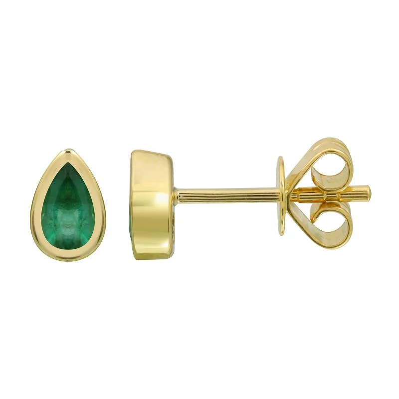 Fashion Earrings For Party Look-14K Yellow Gold Pear Shaped Emerald Bezel Stud Earrings