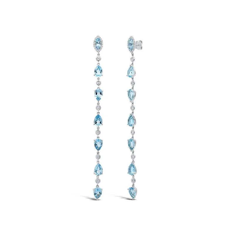 Gold Dangle Earrings For Party Wear-14K White Gold Diamond + Blue Topaz Earrings