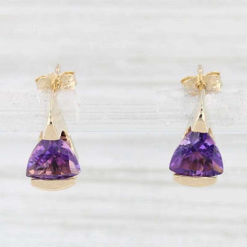 Elegant Pearl Drop Earrings-2ctw Trillion Amethyst Drop stud Earrings 14k Yellow Gold