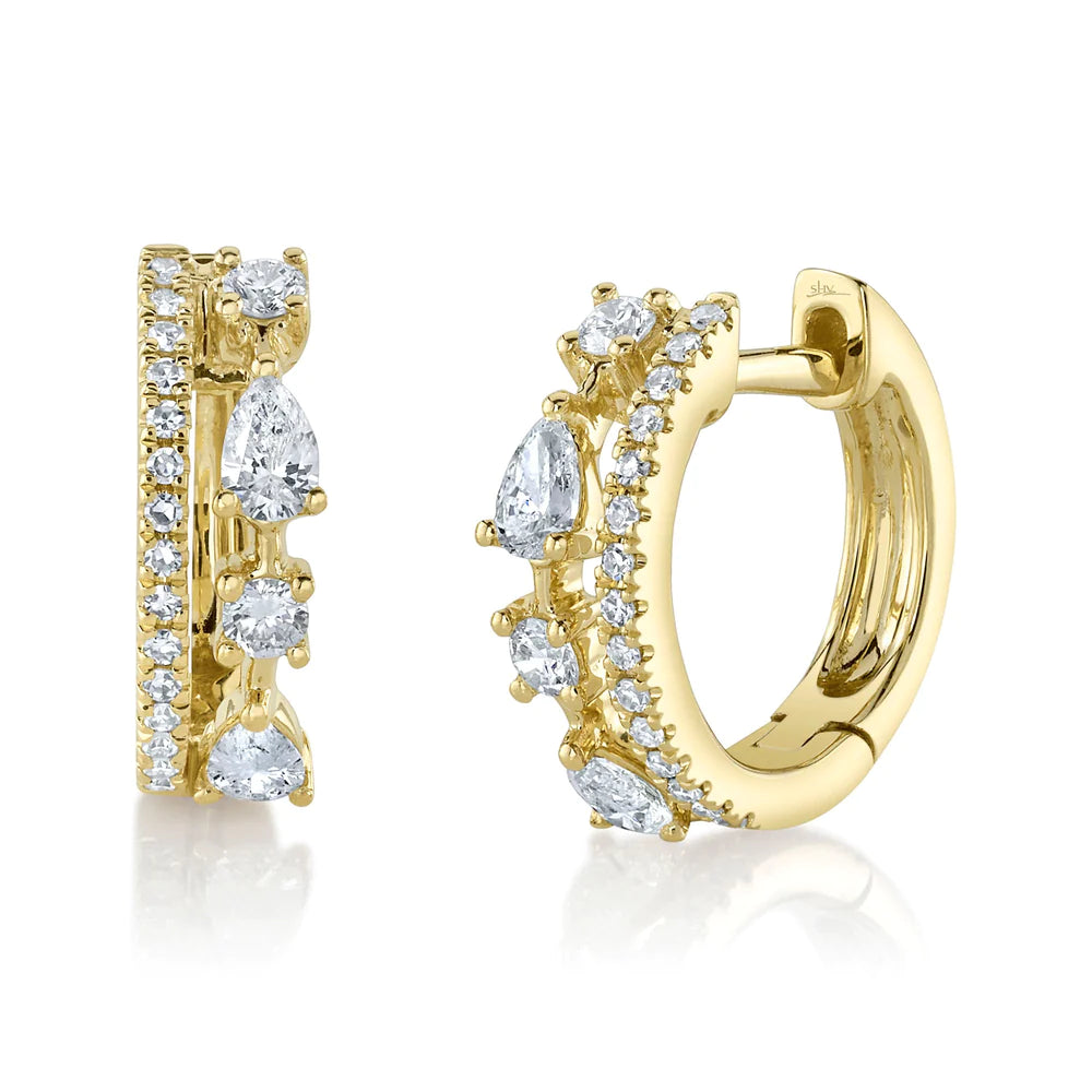 Unique Pearl Earrings For Timeless Elegance-14K Yellow Gold Round and Pear Diamond Huggie Earrings