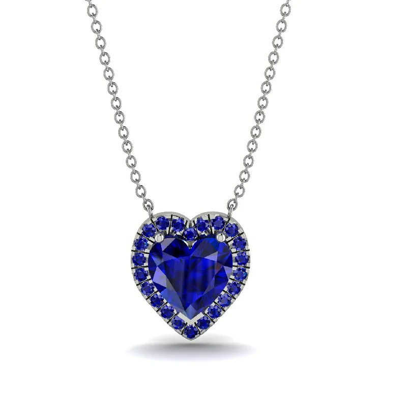 Elegant Silver Necklace For Bridal Jewelry-4.7Ct Sapphire Halo Heart Necklace - Jaylene No. 75