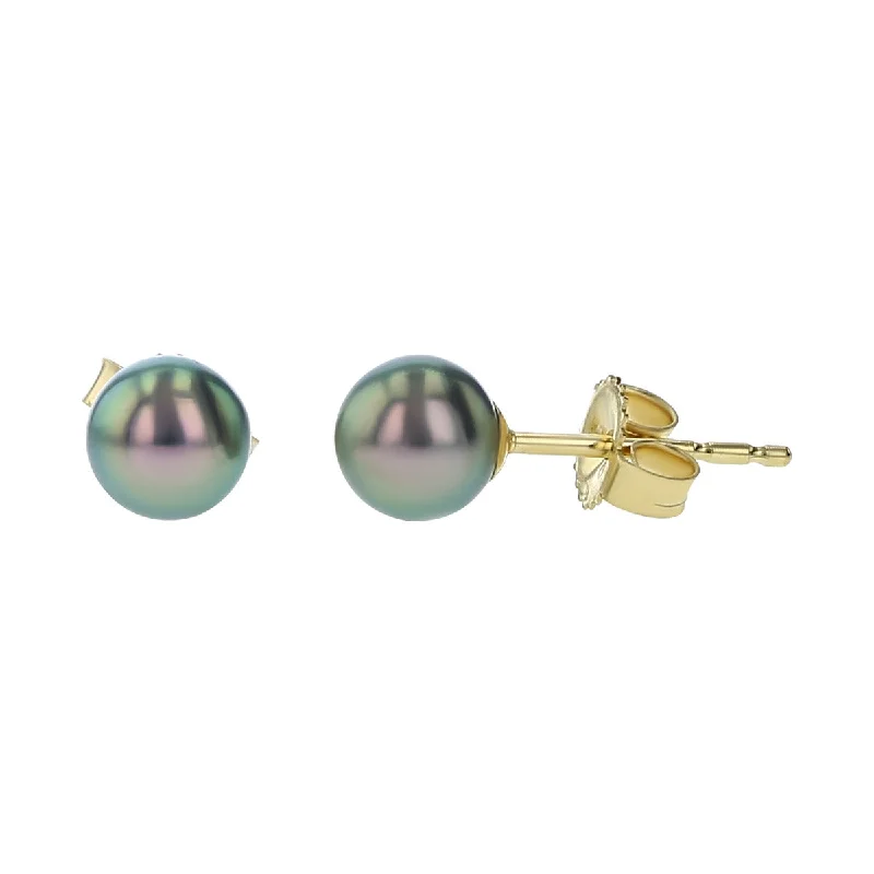 Trendy Square Earrings For Bold Looks-14k Yellow Gold Black Cultured Pearl Stud Earrings