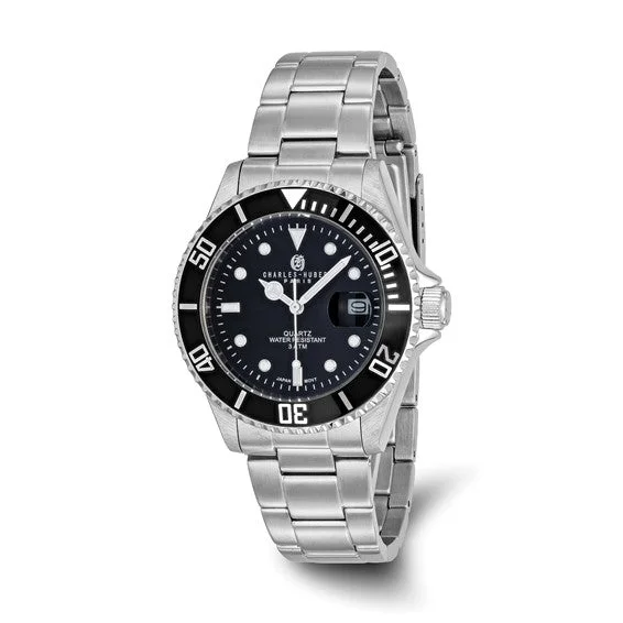 Watches With Exotic Designs-Mens Charles Hubert Stainless Steel Black Dial With Date Watch