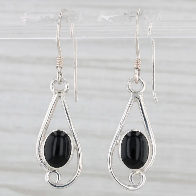 Cute Pearl Stud Earrings For Kids-Onyx Oval Cabochon Dangle Earrings Sterling Silver Hook Posts