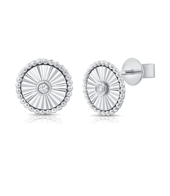 Colorful Earrings For Playful Fashion-14K White Diamond Fluted Disc Stud Earrings