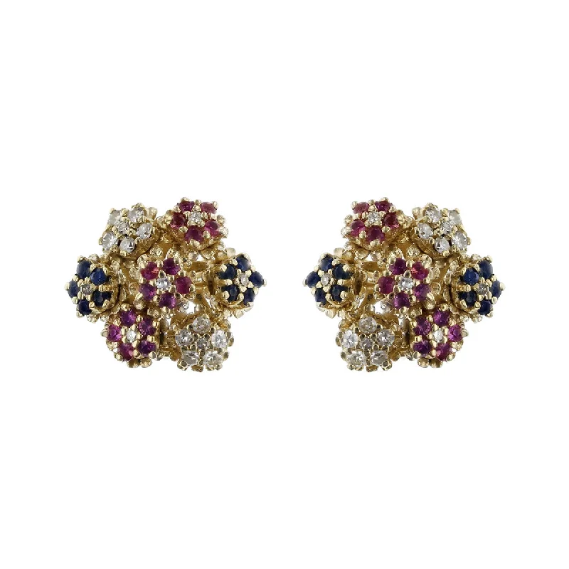 Unique Resin Earrings For Eclectic Style-14K Yellow Gold Ruby, Sapphire and Diamond Cluster Earrings