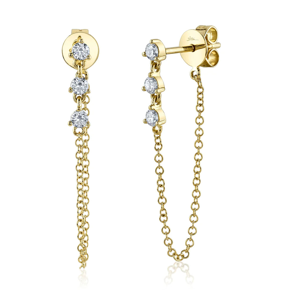 Brightly Colored Earrings For Bold Fashion-14K Yellow Gold Diamond Trio and Chain Earrings