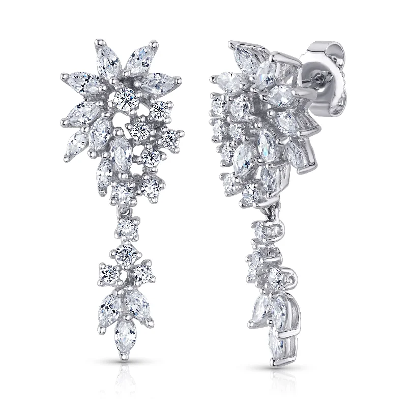 Stunning Long Earrings For Evening Parties-CZ CLUSTER FANCY EARRINGS, SILVER