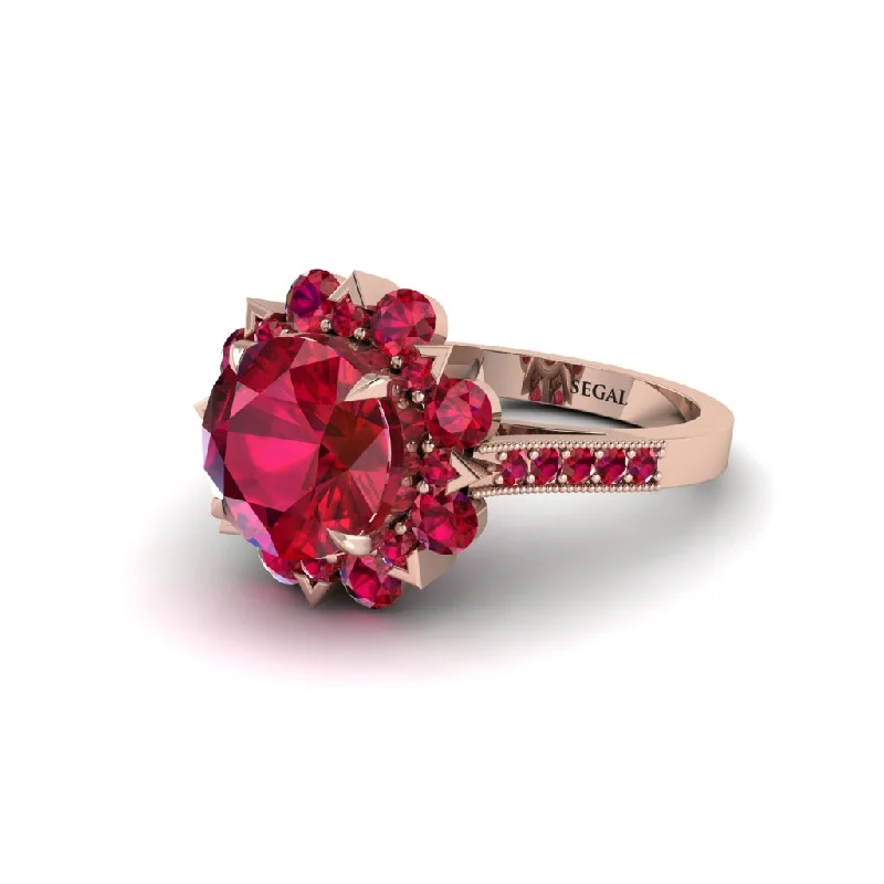 Fashionable Gemstone Rings For Casual Wear-Ruby Halo Sunburst Engagement Ring - Winter No. 56